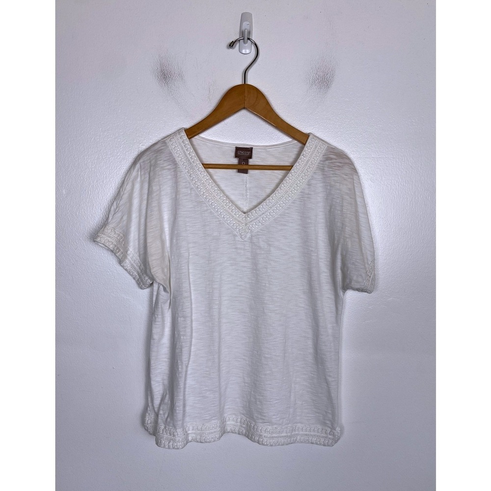 Chico's Crochet Lining Short Sleeves Tee Size 0 US S White Minimalist Cotton
